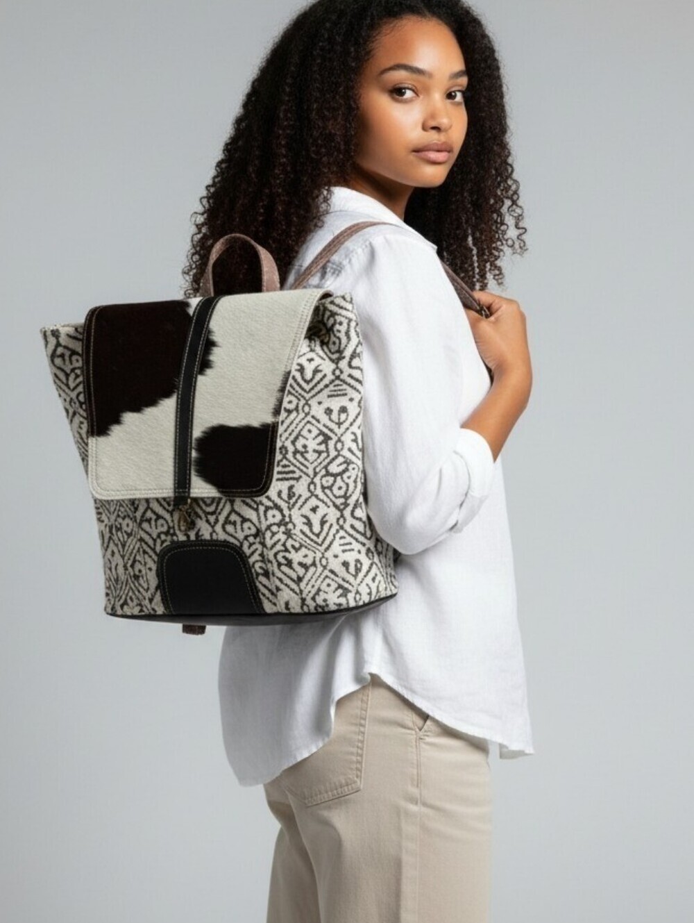 Myra Bags Cowhide Leather Black & White Cotton Nova Nest Backpack Tote NEW